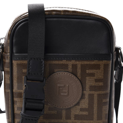 Fendi Glazed Fabric Vitello Century FF 1974 Stamp Patch Small Crossbody Messenger Mogano Panna Black 10 of 10