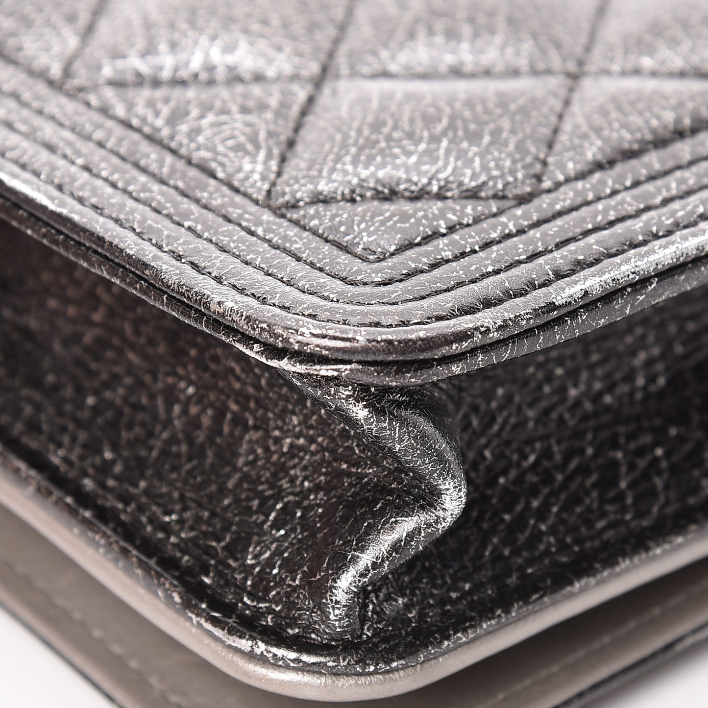 Cracked Metallic Calfskin Quilted Boy Wallet On Chain WOC Dark Silver