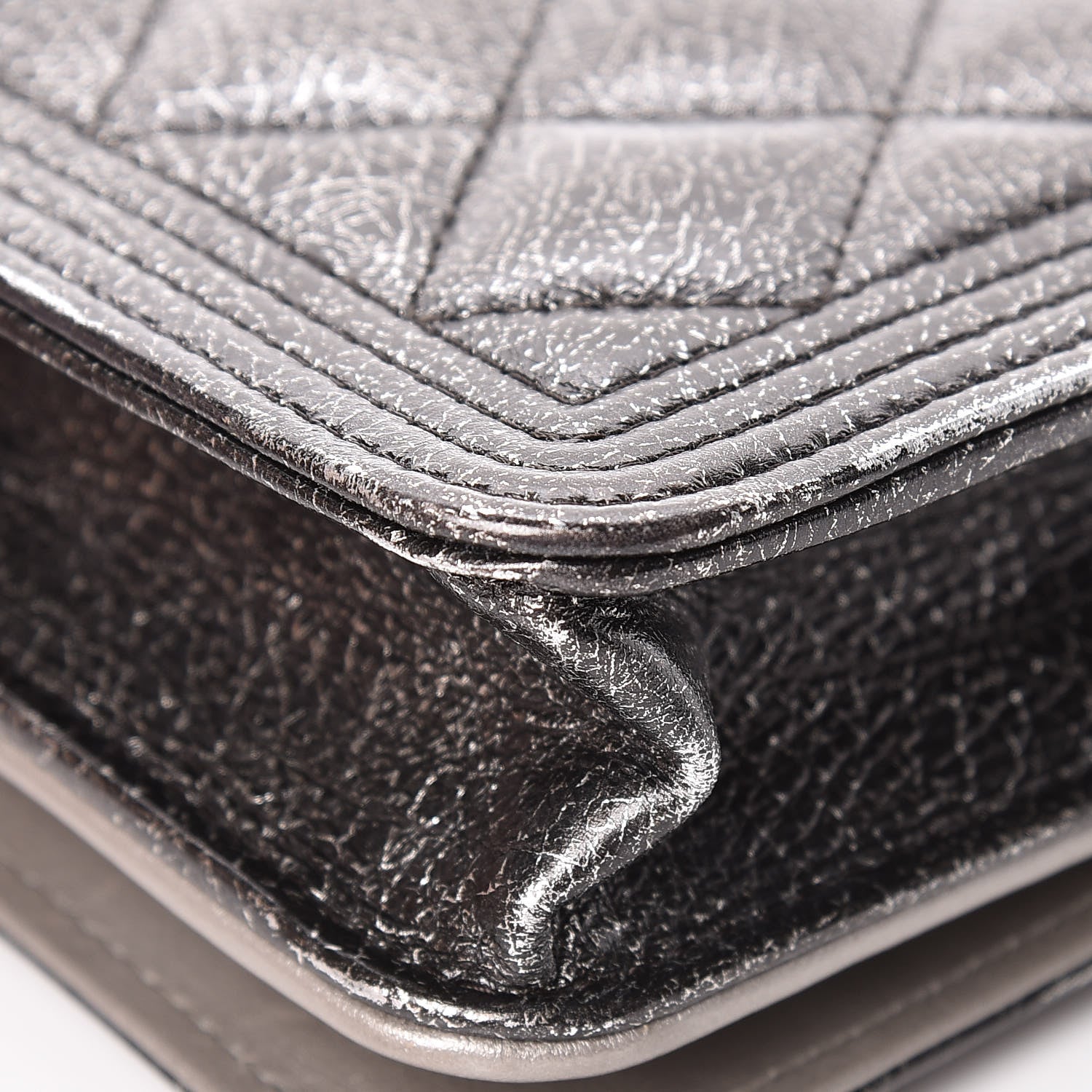 Chanel Cracked Metallic Calfskin Quilted Boy Wallet On Chain WOC Dark Silver 12 of 19