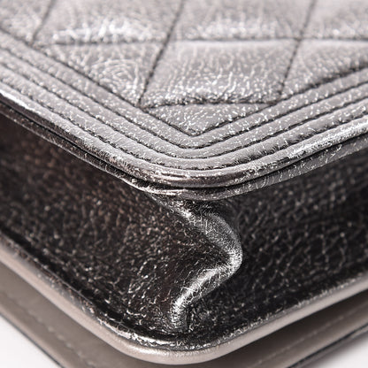 Chanel Cracked Metallic Calfskin Quilted Boy Wallet On Chain WOC Dark Silver 12 of 19
