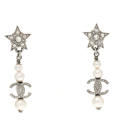 Chanel Crystal Pearl CC Star Drop Earrings Silver 1 of 4