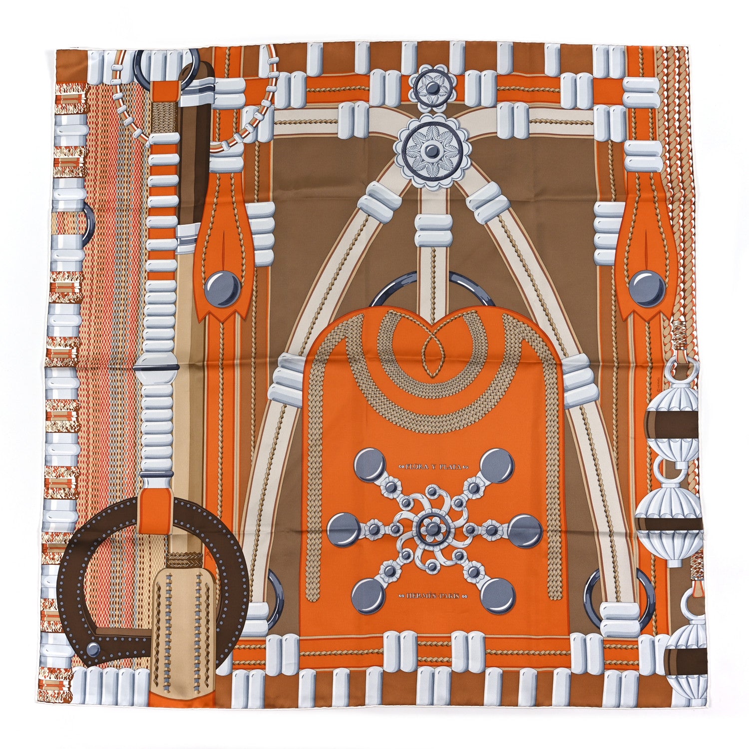 Hermes Silk Flora Y Plata et Liens Scarf 90 Orange Cuit Brun Gris Perle 1 of 3