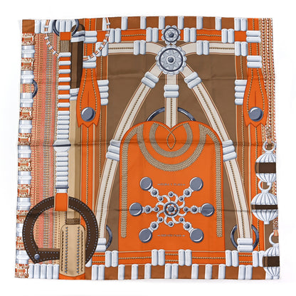 Hermes Silk Flora Y Plata et Liens Scarf 90 Orange Cuit Brun Gris Perle 1 of 3