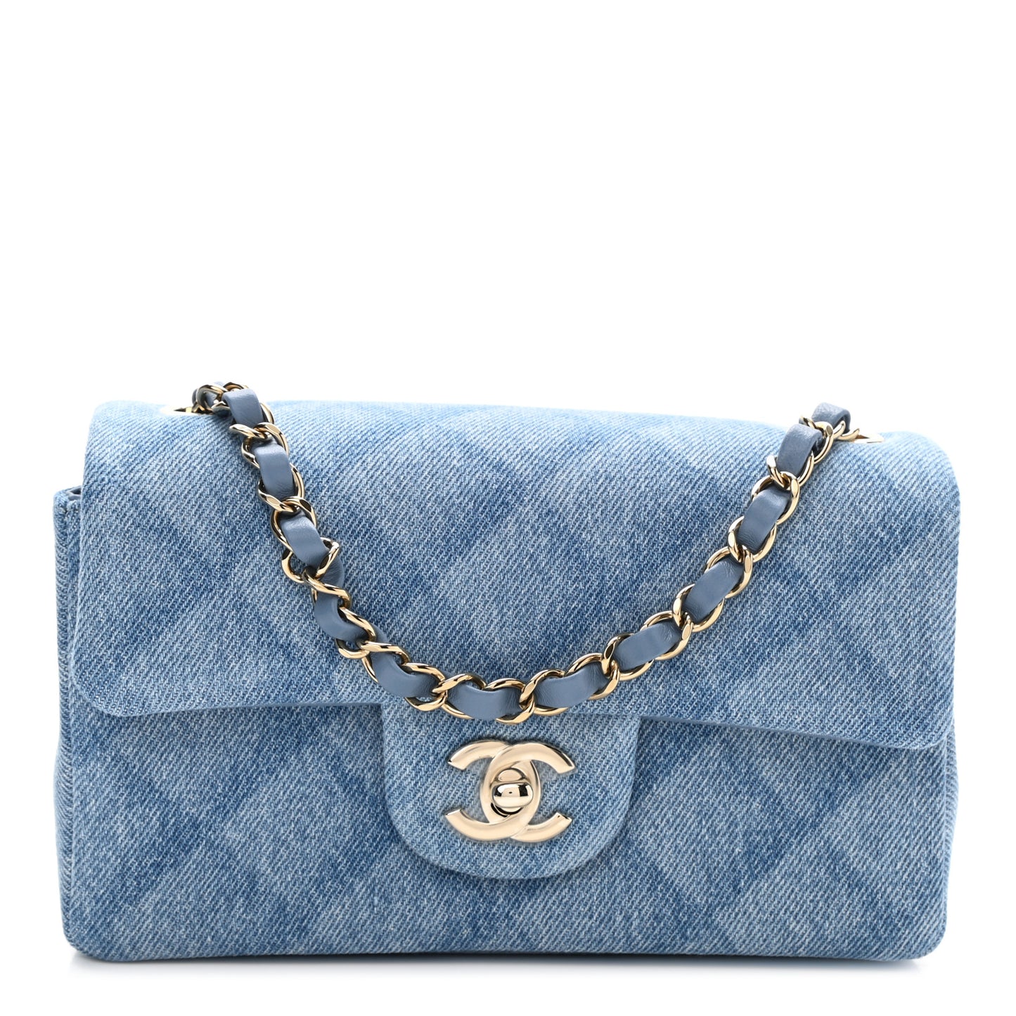 Printed Denim Quilted Mini Rectangular Flap Light Blue