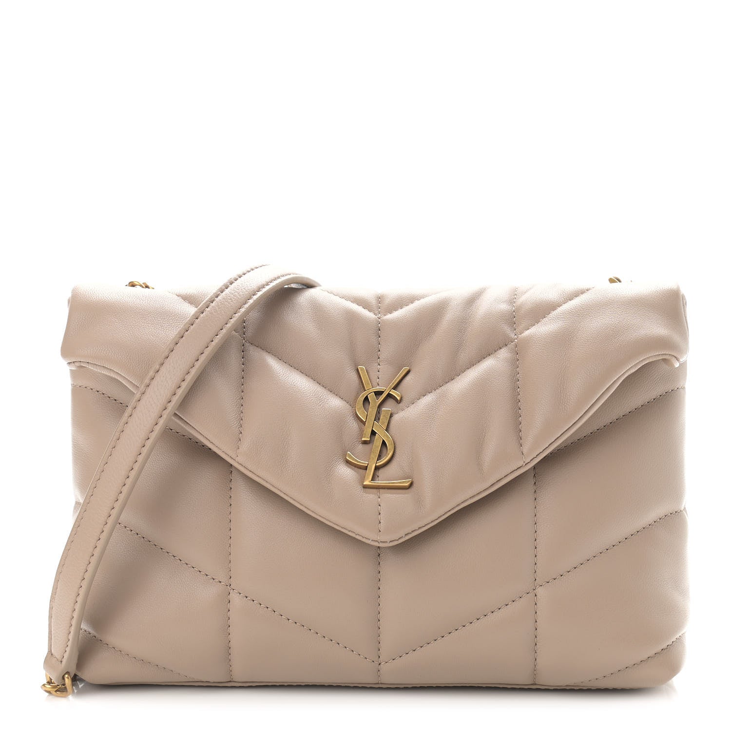 Saint Laurent Lambskin Quilted Toy Loulou Puffer Monogram Chain Satchel Dark Beige 1 of 12