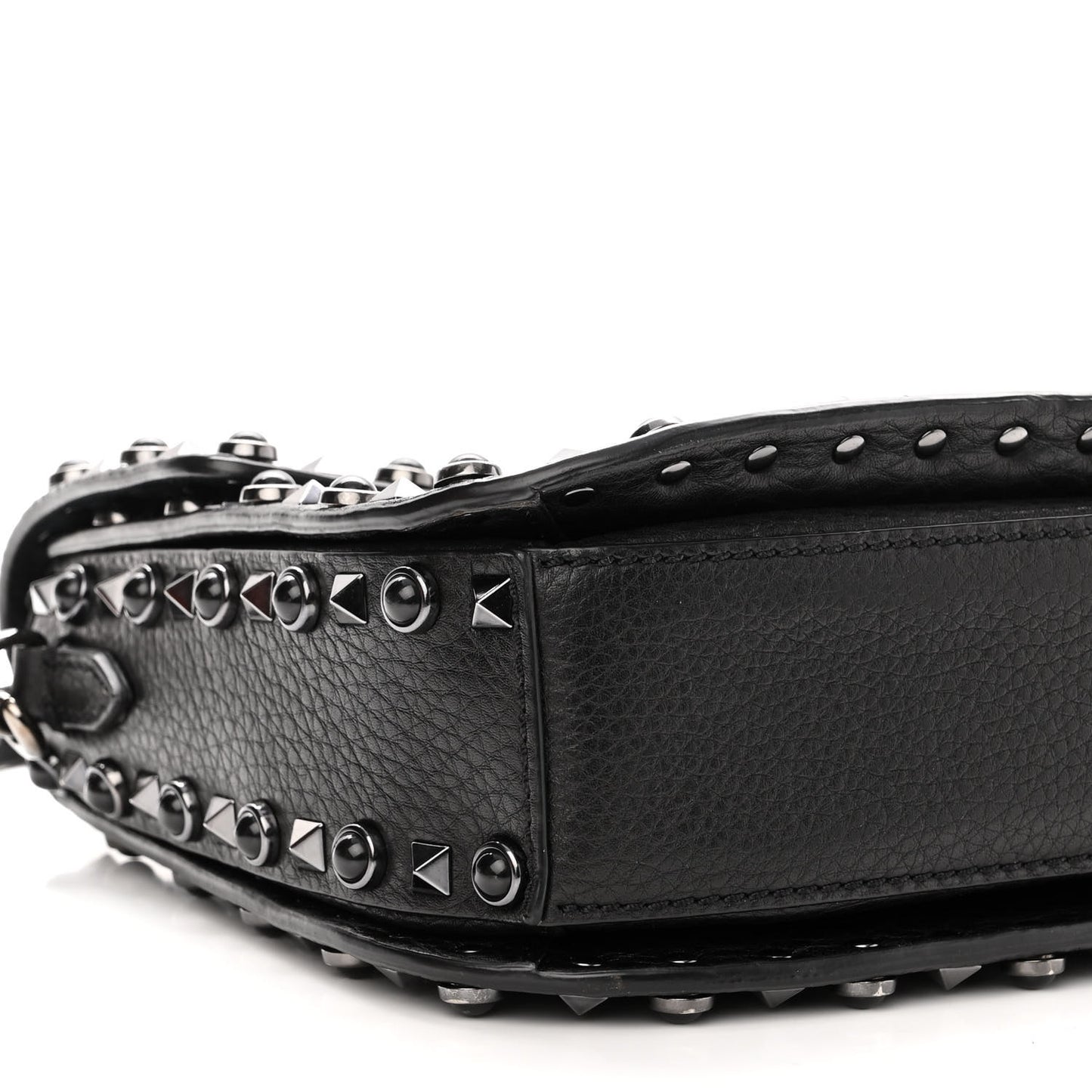 Pebbled Calfskin Onyx Medium Rockstud Rolling Flap Saddle Bag Black