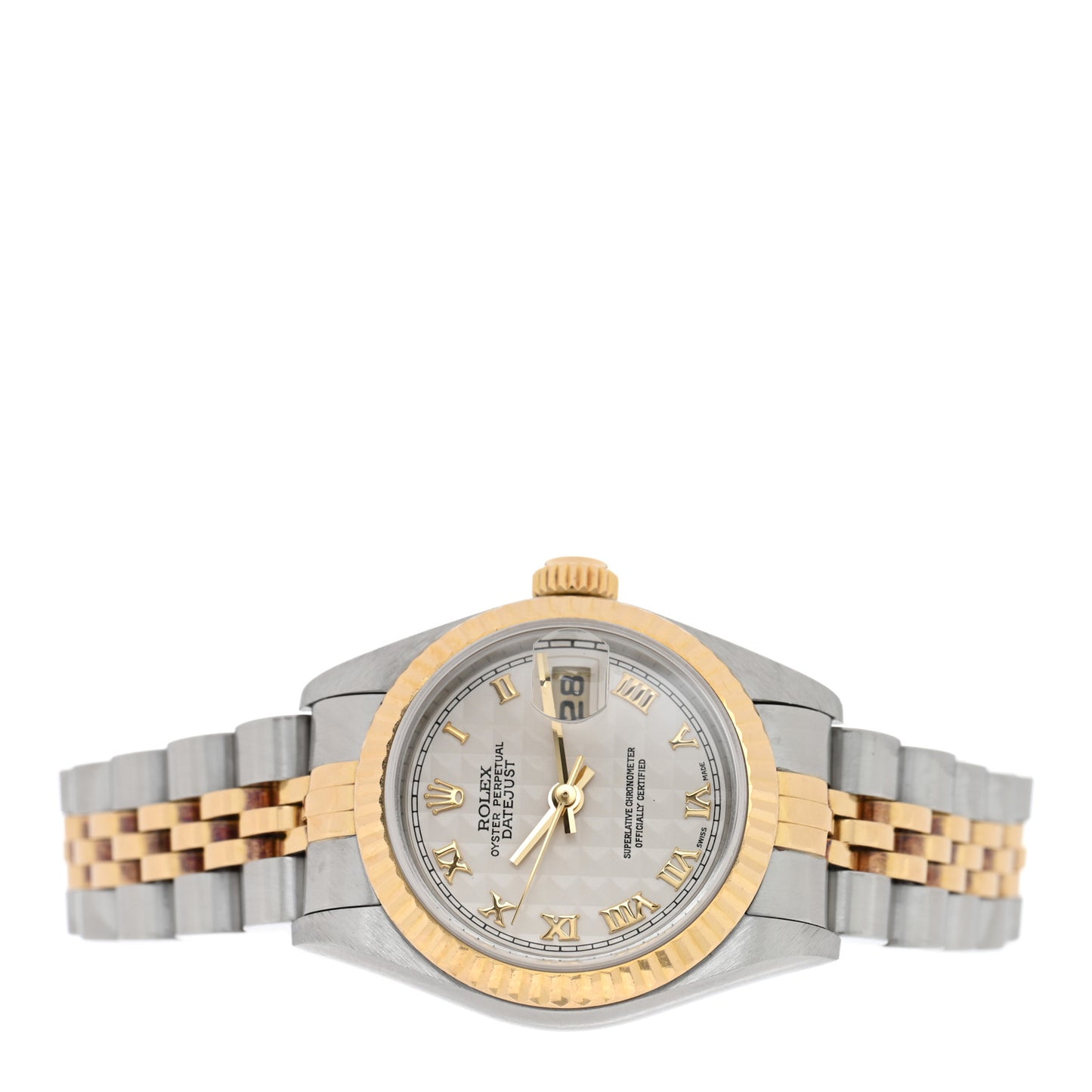 Stainless Steel 18K Yellow Gold 26mm Oyster Perpetual Datejust Watch White Pyramid Roman 79173