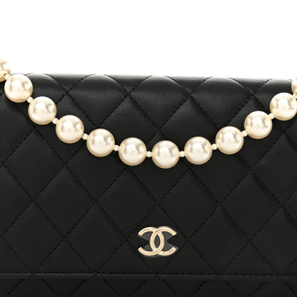 Chanel Lambskin Quilted Pearl Wallet On Chain WOC Black 9 of 11