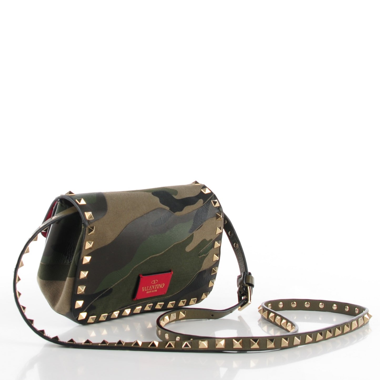 Nappa Canvas Camouflage Mini Rockstud Flap Saddle Crossbody Bag Safari