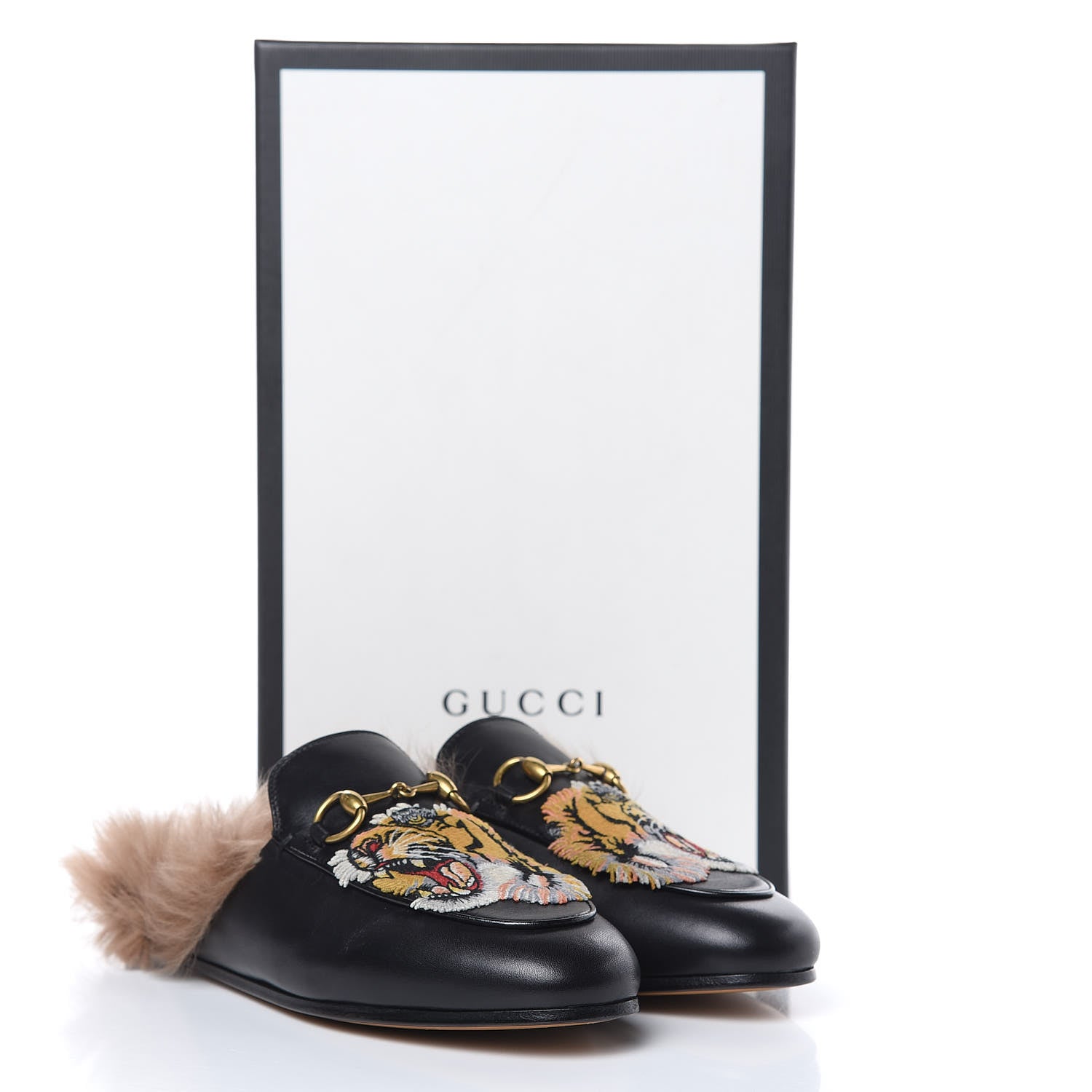 Gucci Calfskin Fur Tiger Embroidered Womens Princetown Slippers 36 Black 9 of 9