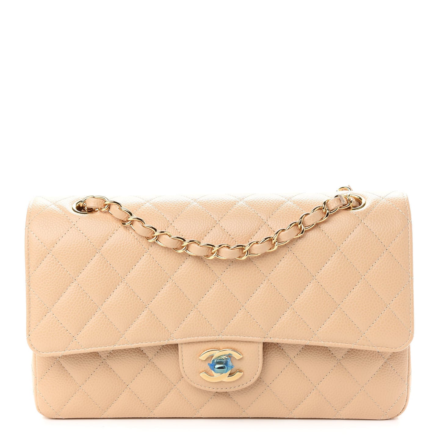 Caviar Quilted Medium Double Flap Beige