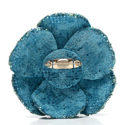 Chanel Tweed Camellia Pin Brooch Turquoise 4 of 5