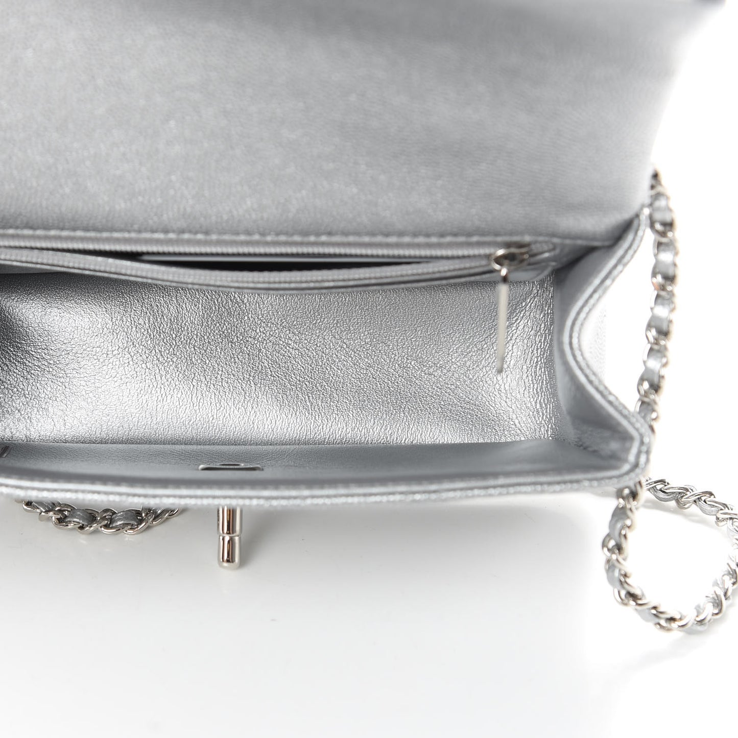 Metallic Caviar Quilted Mini Top Handle Rectangular Flap Silver