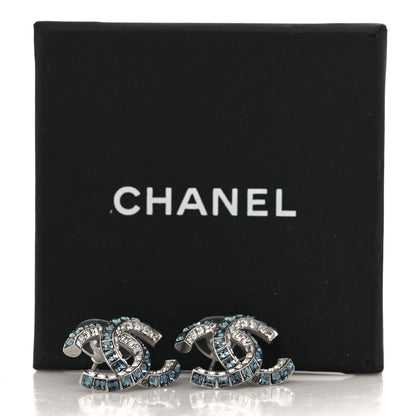 Chanel Metal Baguette Crystal CC Earrings Silver Blue 5 of 5