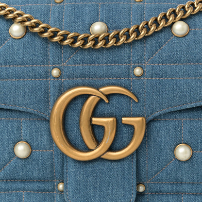Gucci Kura Denim Matelasse Cubic Pearl Studded Medium GG Marmont Shoulder Bag Blue 8 of 10