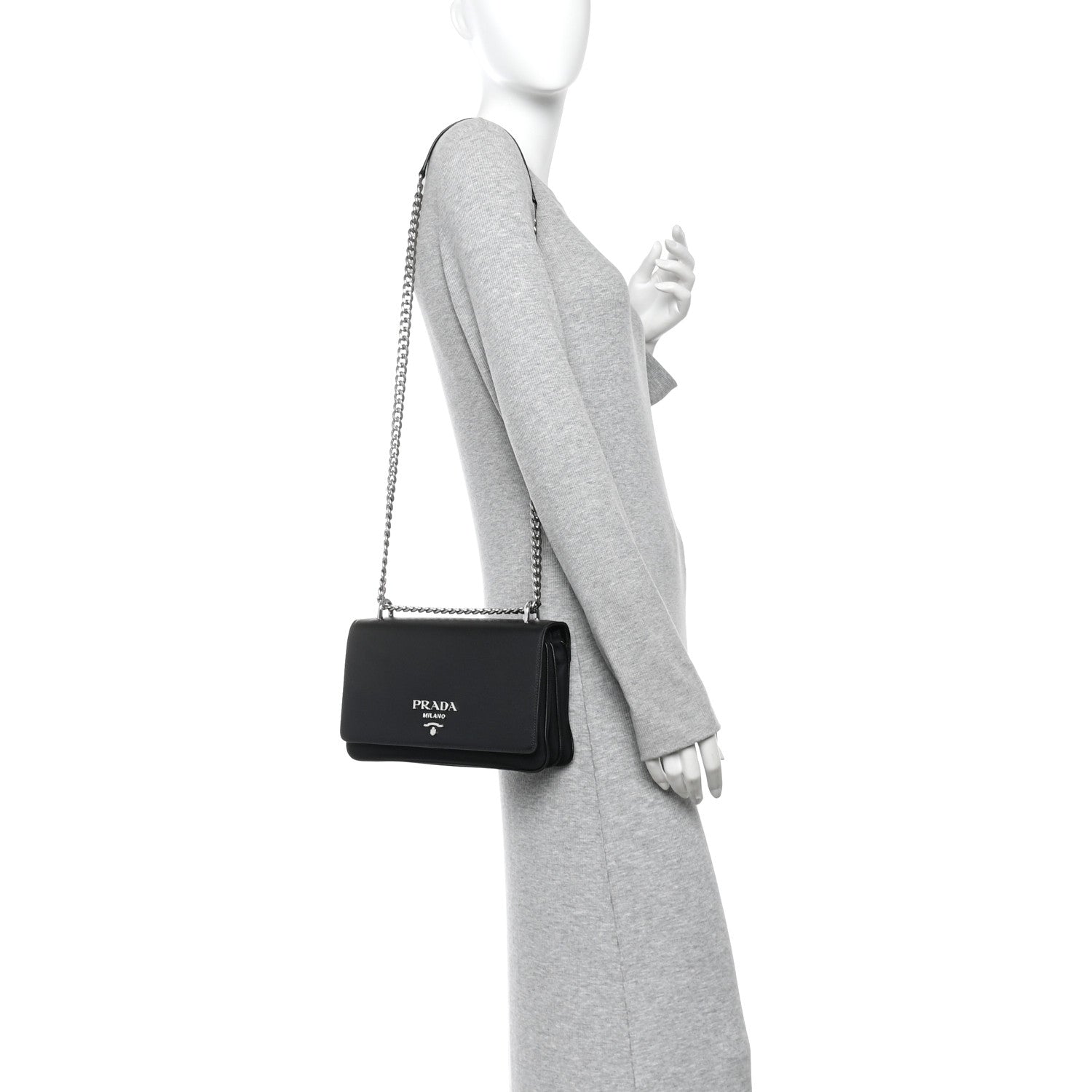 Prada Saffiano Tessuto Nylon Chain Shoulder Bag Black 2 of 11