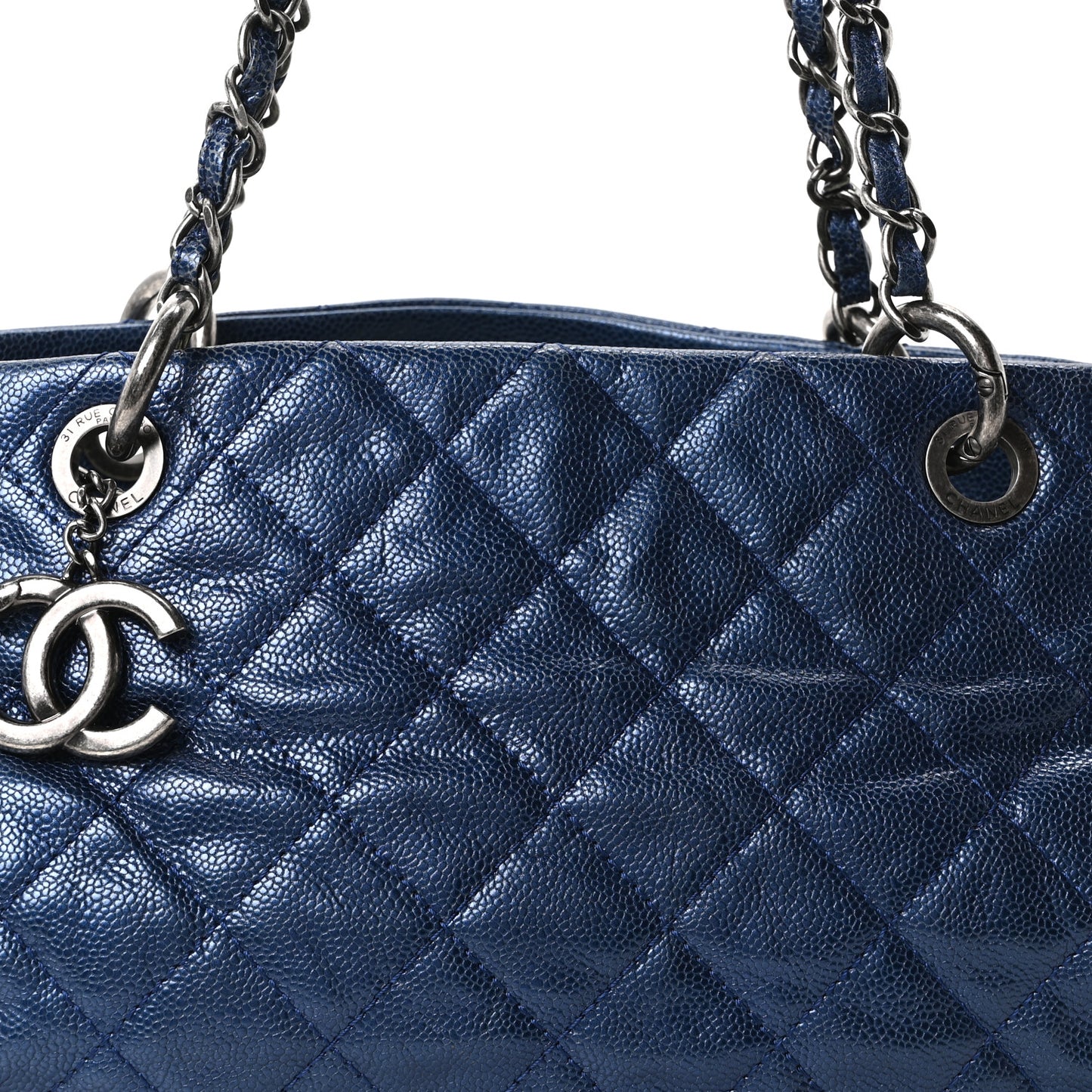 Iridescent Caviar Quilted Chic Shopping Tote Blue