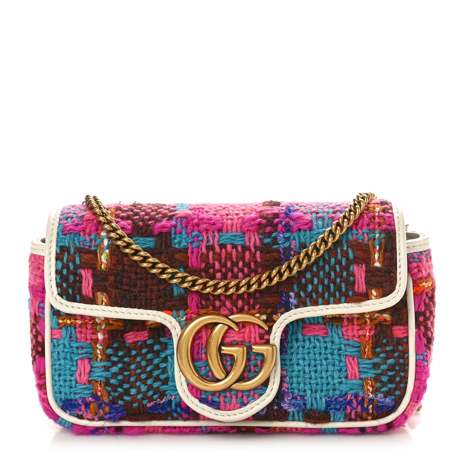 Gucci Tweed Calfskin Spicy Check Super Mini GG Marmont Shoulder Bag Pink Multicolor Mystic White 1 of 11