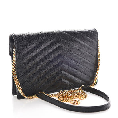 Saint Laurent Grain De Poudre Matelasse Chevron Monogram Envelope Chain Wallet Black 3 of 8