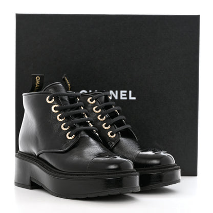 Chanel Shiny Calfskin Pearl Lace Up Combat Short Boots 36.5 Black 10 of 10