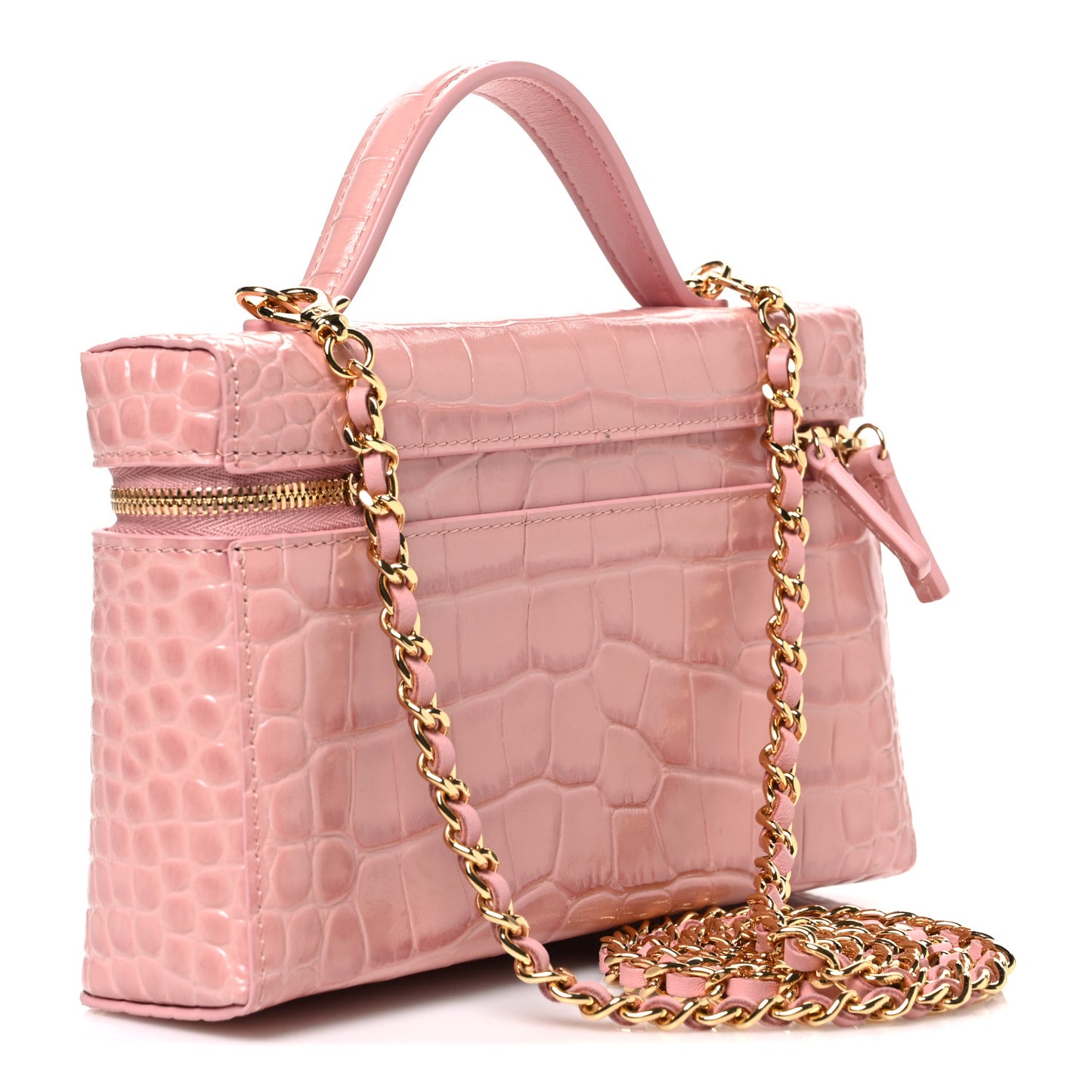 Calfskin Crocodile Embossed Crococo Top Handle Slim Vanity Case With Chain Light Pink