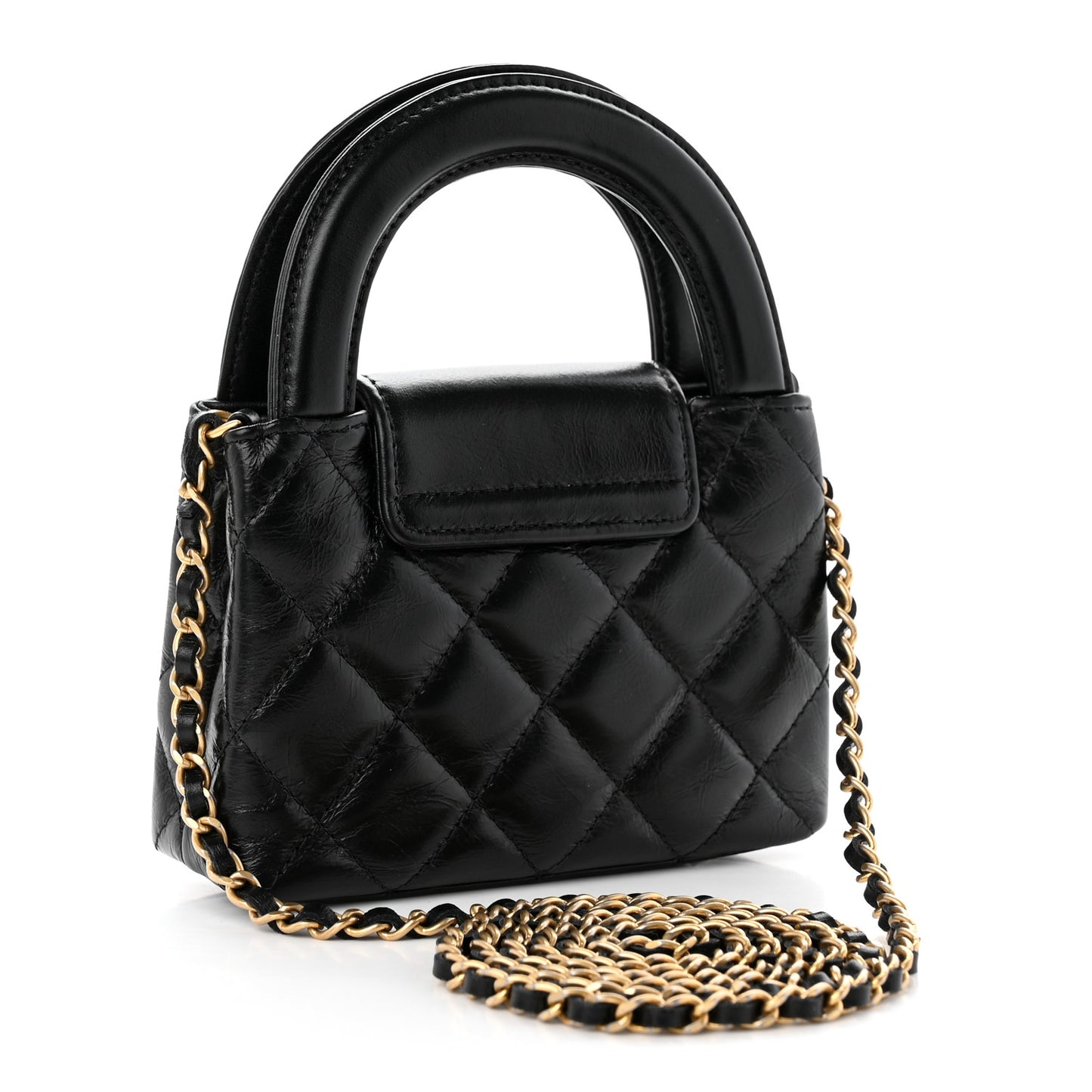 Shiny Aged Calfskin Quilted Mini Nano Kelly Shopper Black