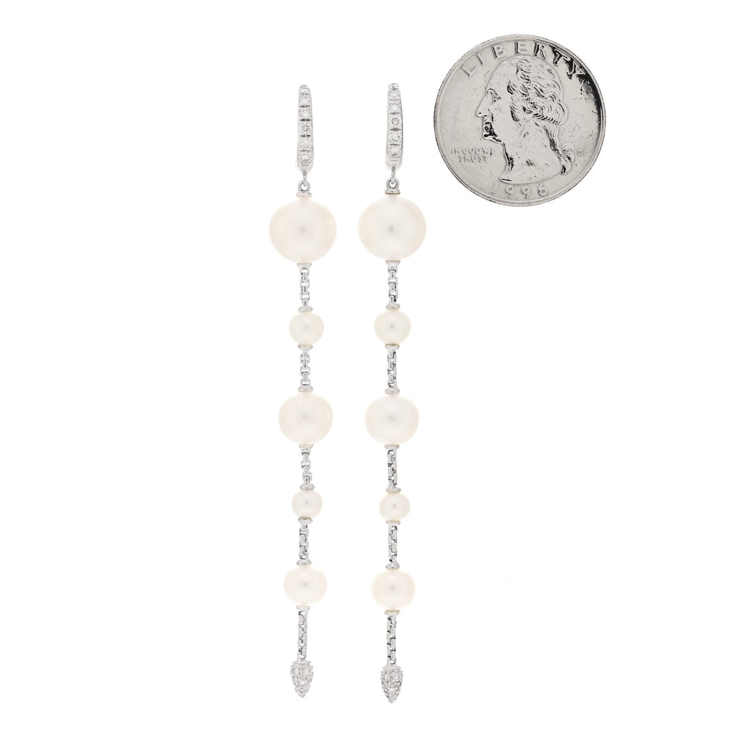 Sterling Silver Diamond Pearl Five Station Pave Drop Earrings