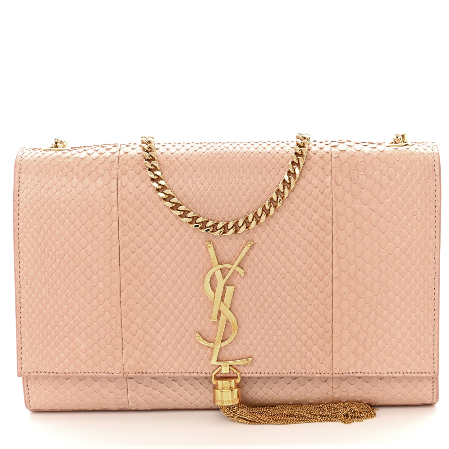 Snakeskin Medium Classic Monogram Kate Tassel Satchel Beige