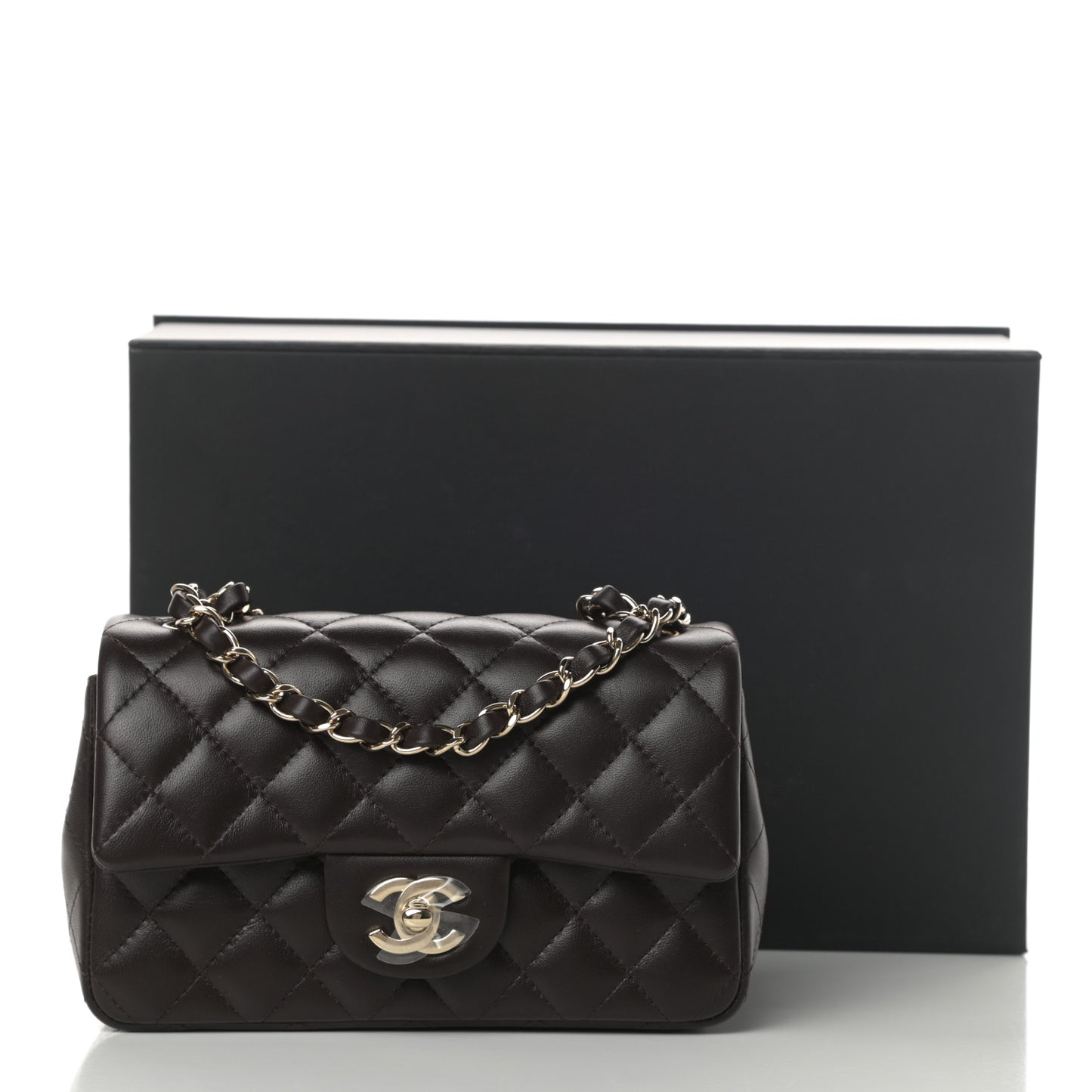 Lambskin Quilted Mini Rectangular Flap Dark Brown