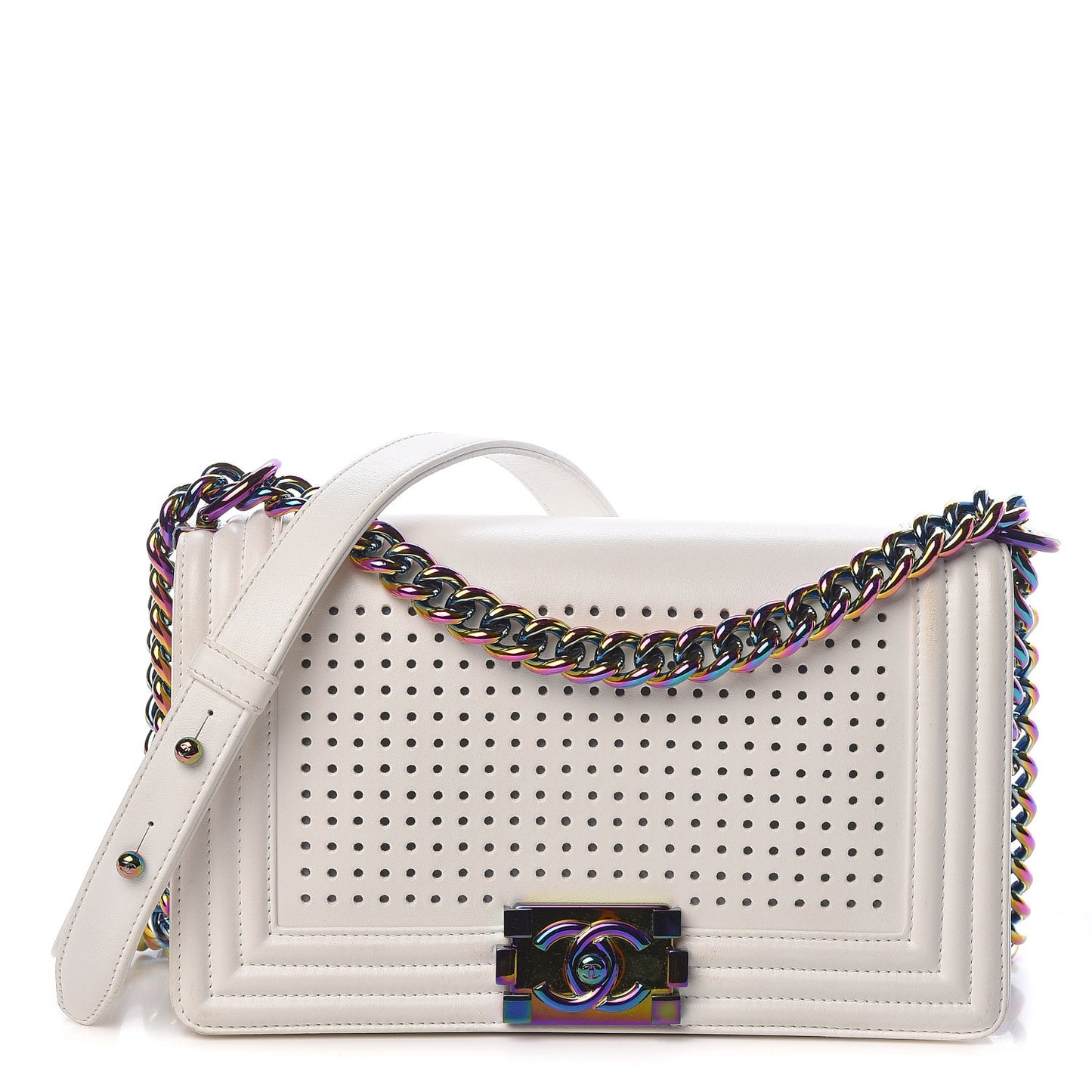 Lambskin LED Iridescent Metal Medium Boy Flap White Multicolor