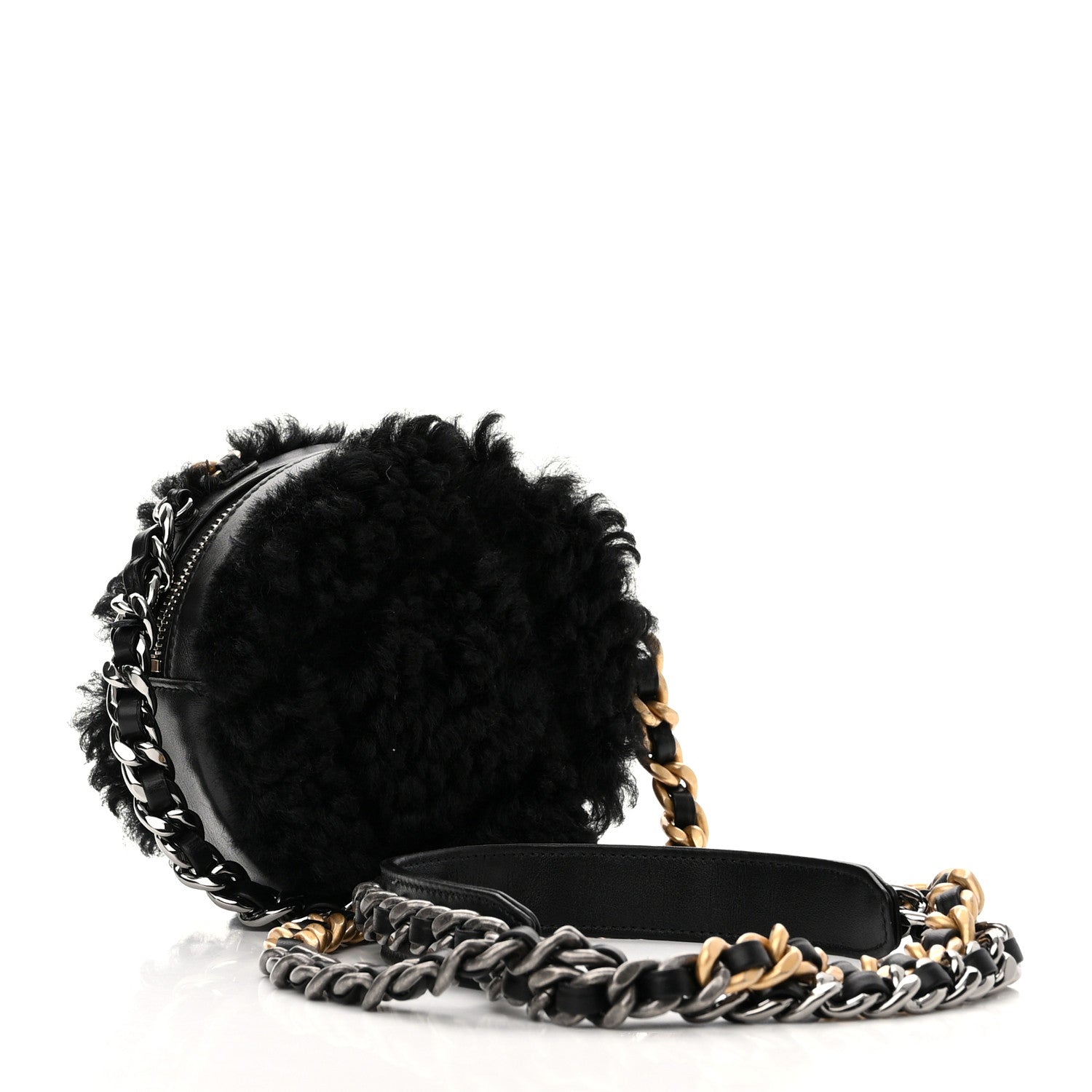 Chanel Shearling Sheepskin Chanel 19 Round Clutch With Chain Black 3 of 10