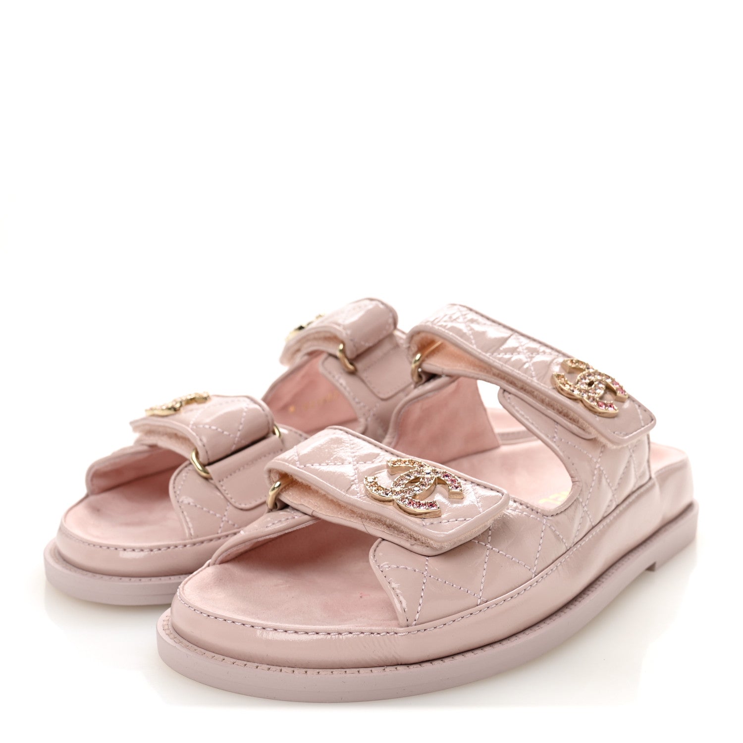 Chanel Shiny Calfskin Quilted Velcro Dad Crystal CC Slide Sandals 37 Light Pink 4 of 11
