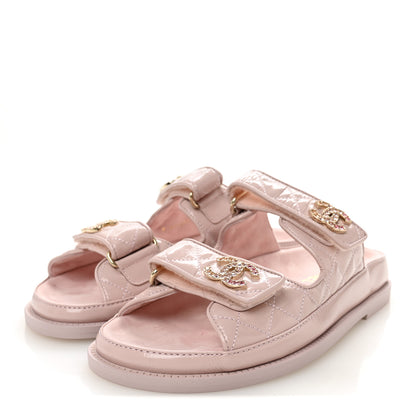 Chanel Shiny Calfskin Quilted Velcro Dad Crystal CC Slide Sandals 37 Light Pink 4 of 11