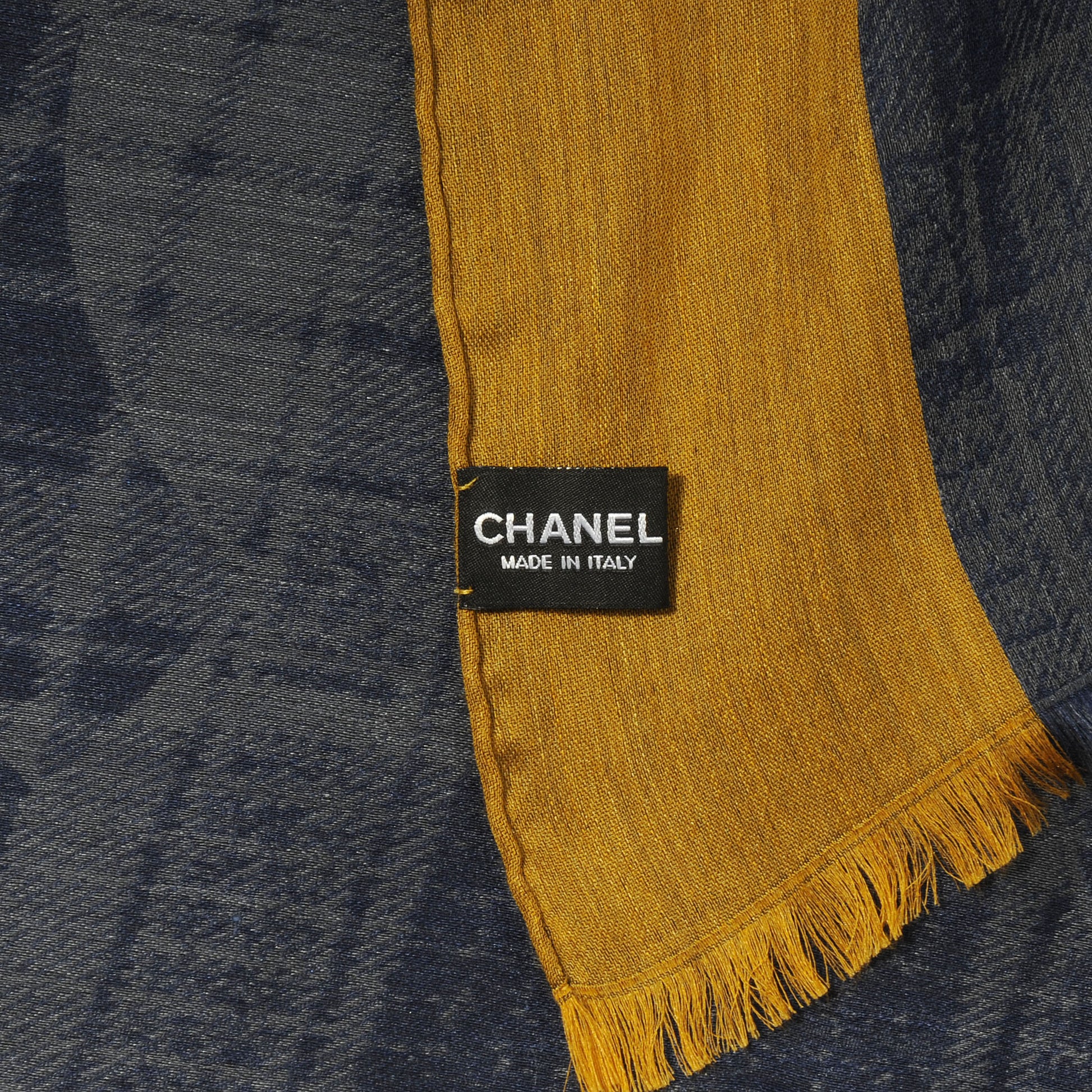 Chanel Cashmere Silk Plaid CC Scarf Navy Yellow 5 of 6