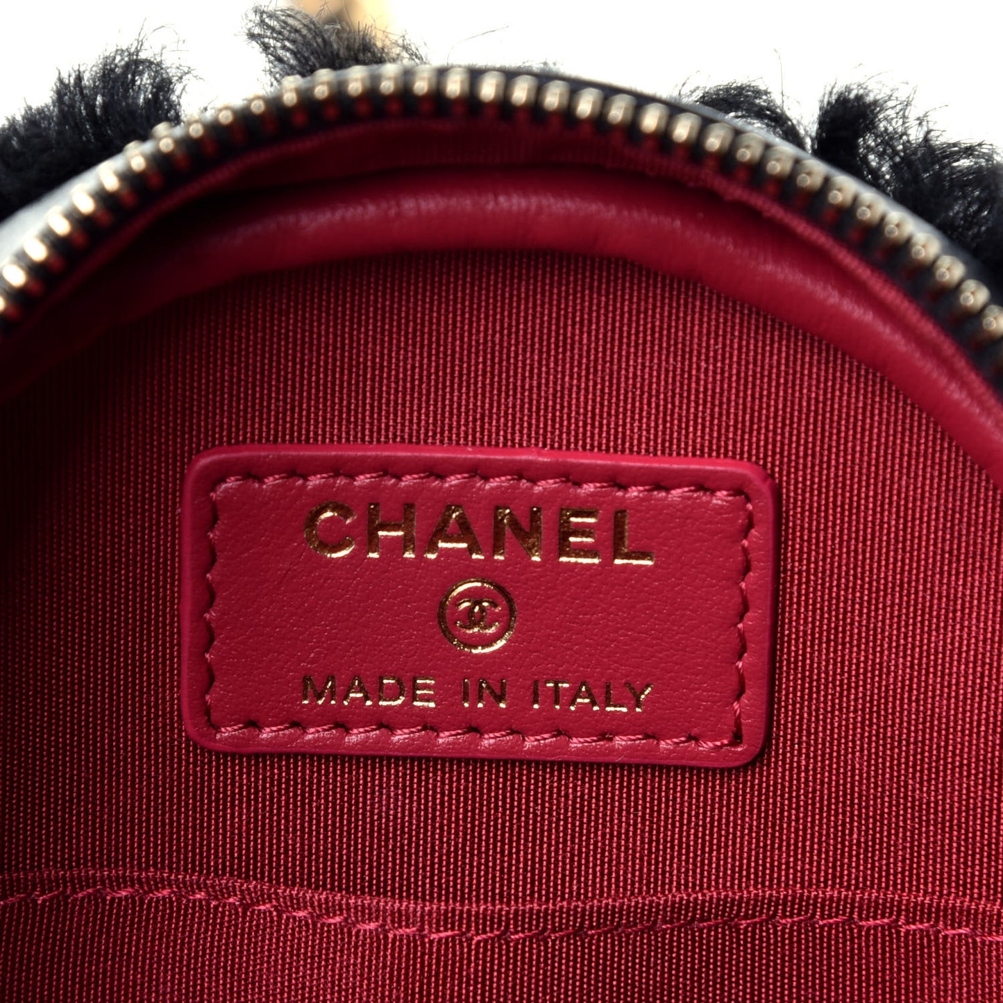Shearling Sheepskin Chanel 19 Round Clutch With Chain Black