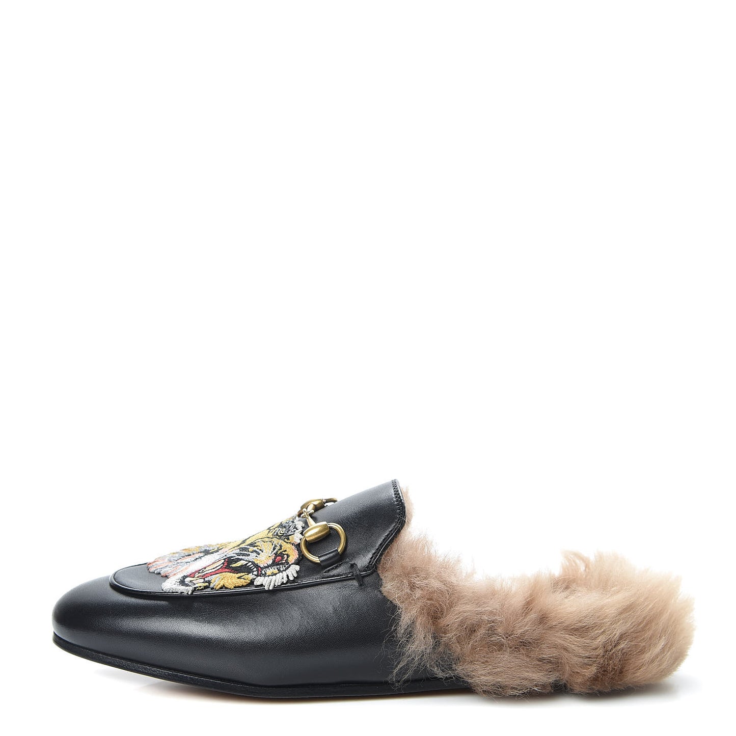 Calfskin Lambswool Tiger Embroidered Womens Princetown Slippers 36.5 Black