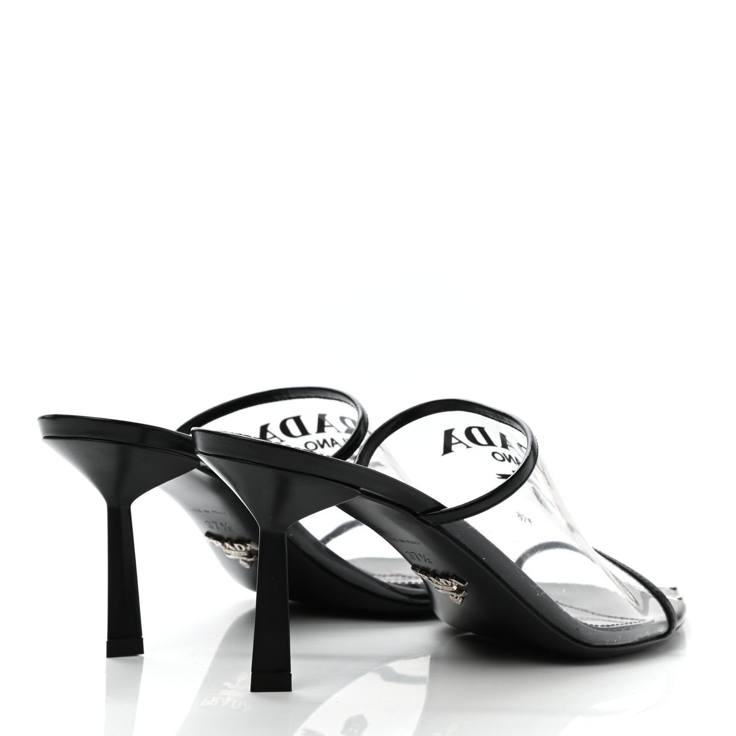 Plexiglass Calfskin Metal Triangle Logo 75mm Slide Sandals 37.5 Black