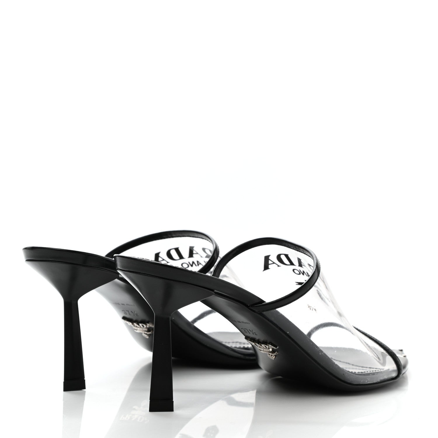 Prada Plexiglass Calfskin Metal Triangle Logo 75mm Slide Sandals 37.5 Black 4 of 8