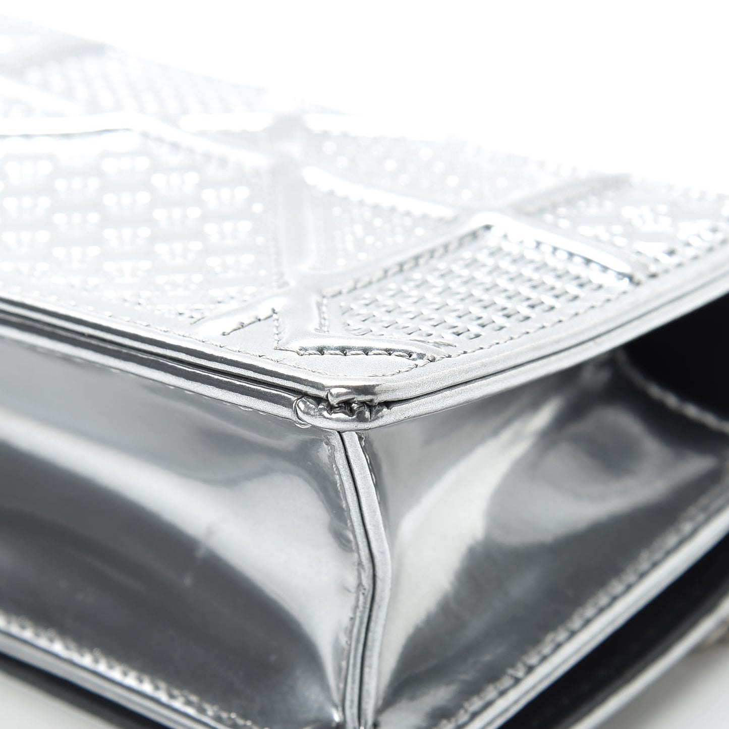 Metallic Patent Micro-Cannage Baby Diorama Flap Bag Silver