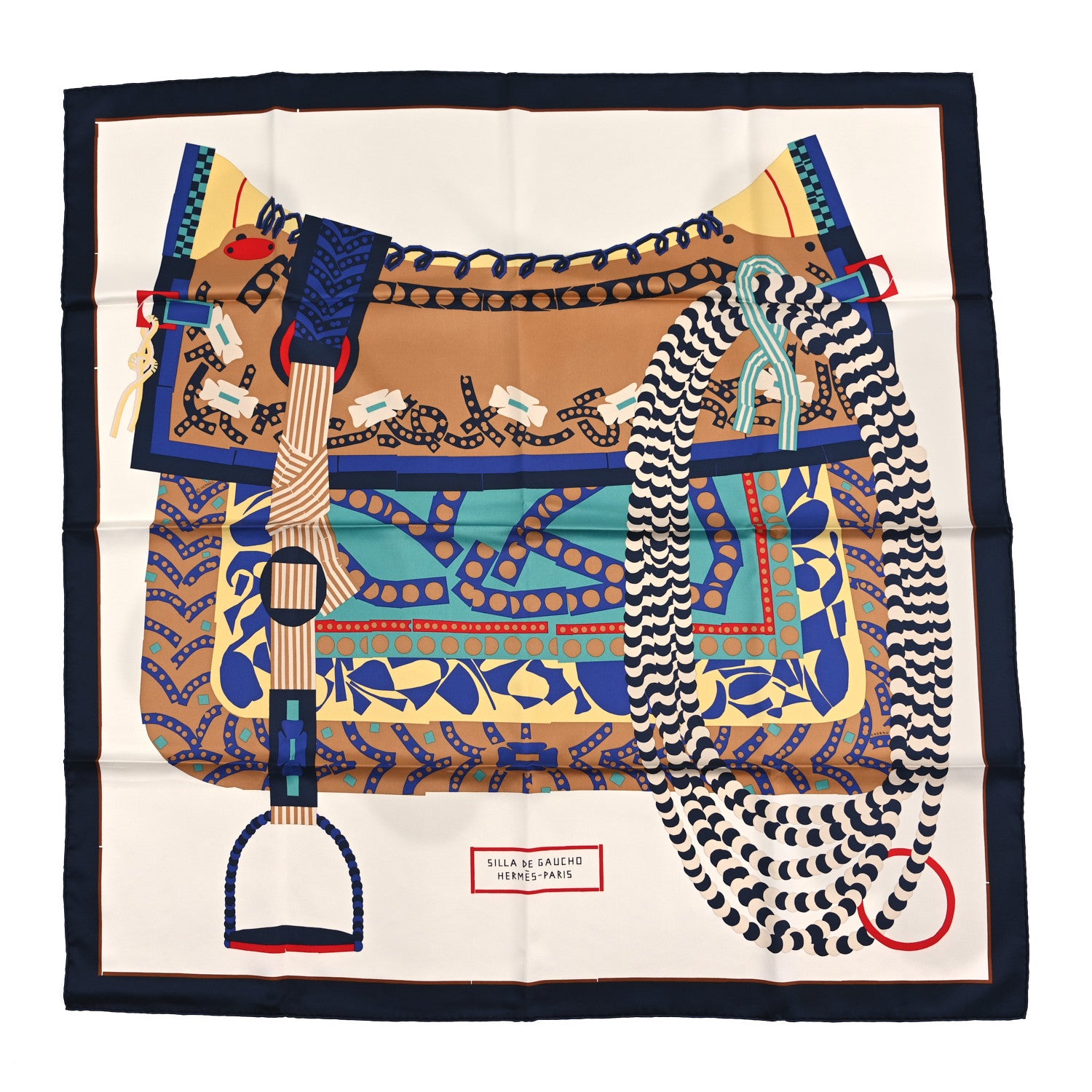 Hermes Silk Silla De Gaucho Scarf 90 Marine White Beige 1 of 3
