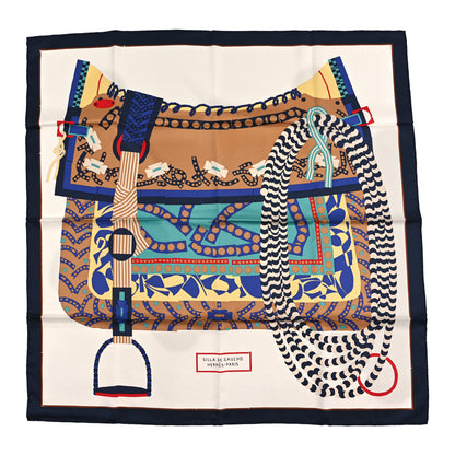 Hermes Silk Silla De Gaucho Scarf 90 Marine White Beige 1 of 3