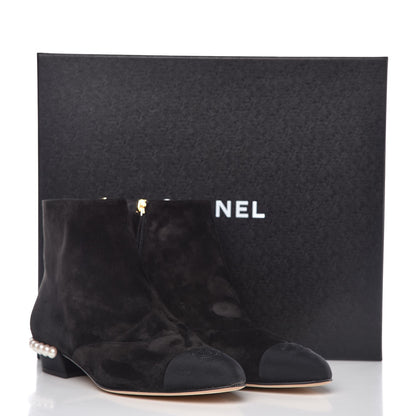 Chanel Suede Calfskin Pearl Cap Toe Short Boots 38 Black 9 of 9