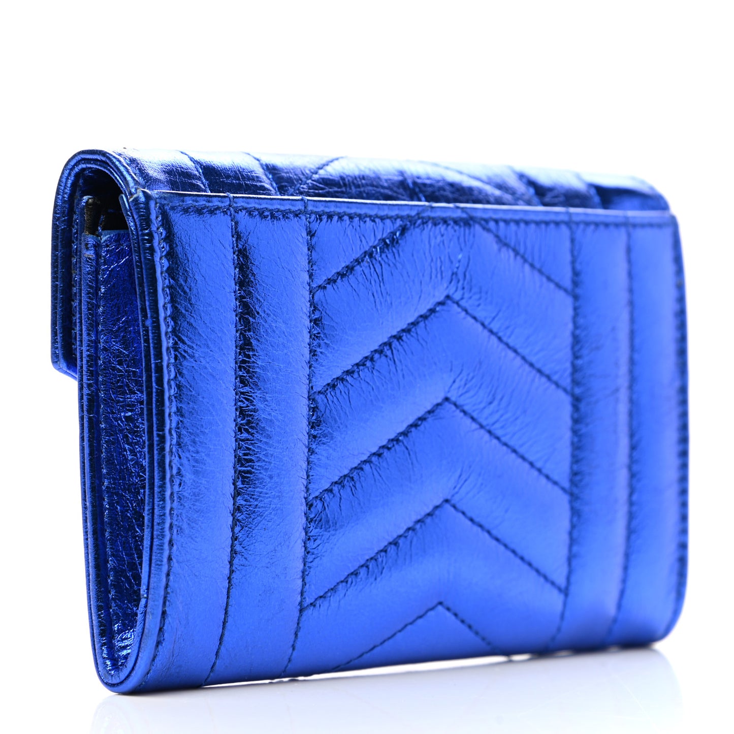 Metallic Goatskin Mixed Matelasse Chevron Small Monogram Envelope Wallet Blue