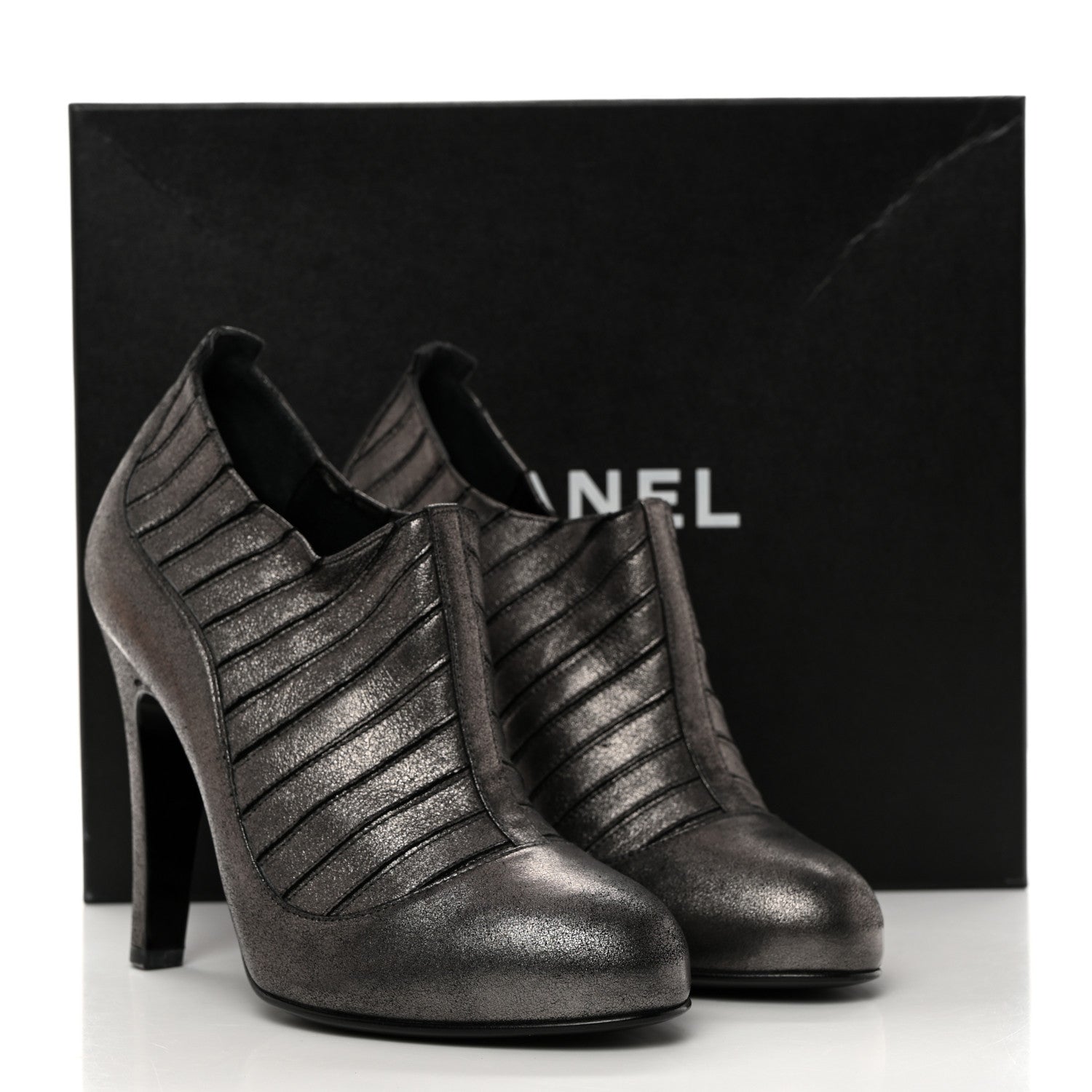 Chanel Metallic Ribbed Short Boot Pumps 37.5 Dark Grey 8 of 8