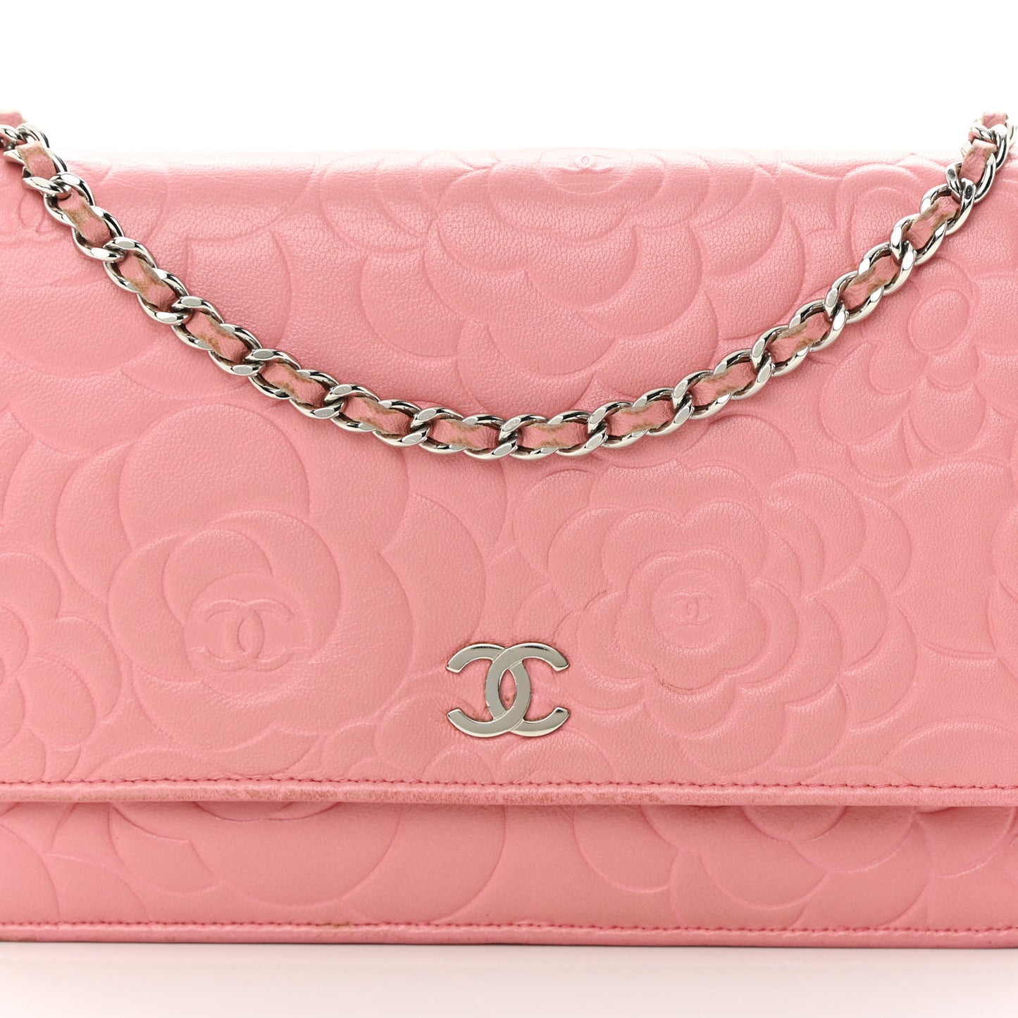 Lambskin Camellia Embossed Wallet On Chain WOC Pink