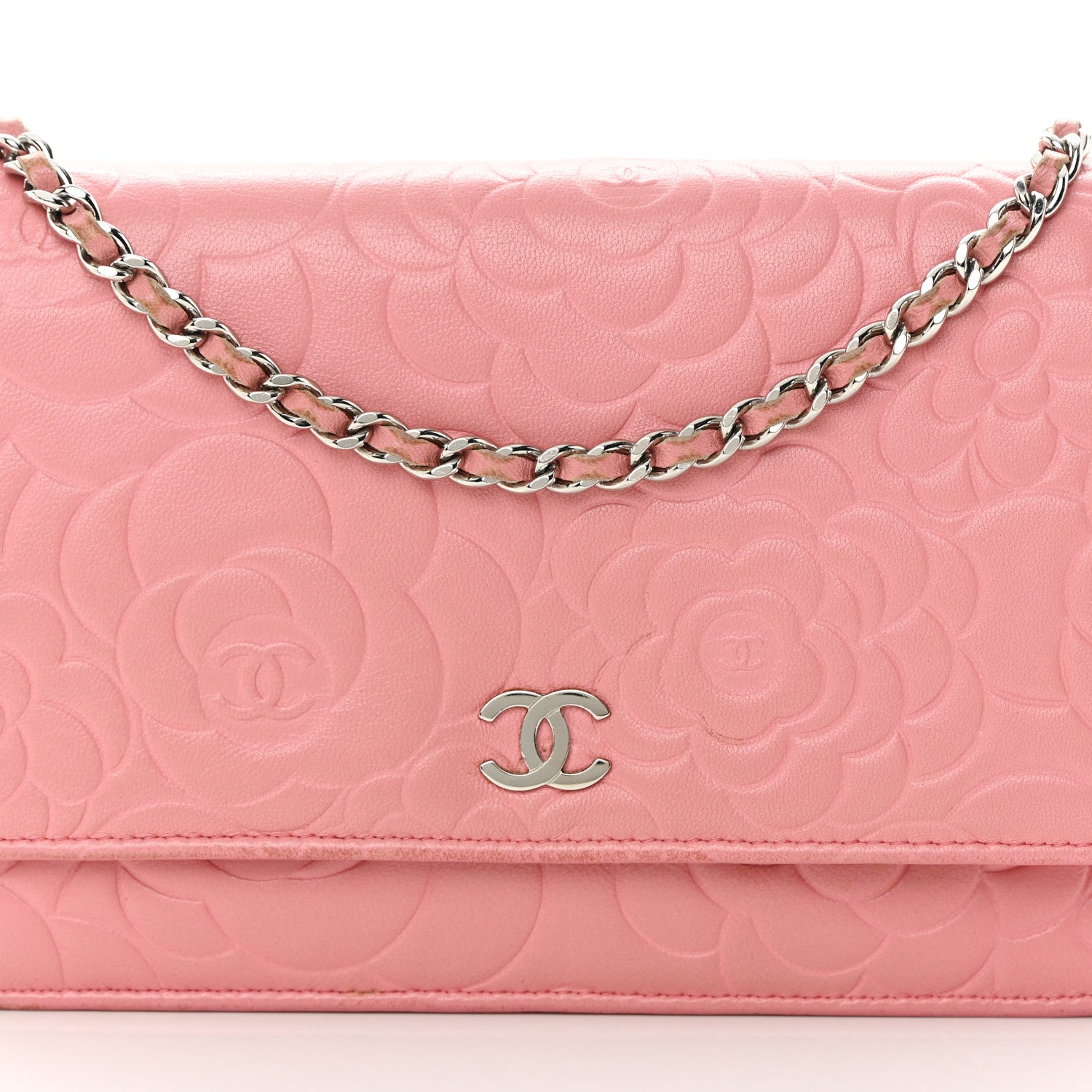 Chanel Lambskin Camellia Embossed Wallet On Chain WOC Pink 9 of 18