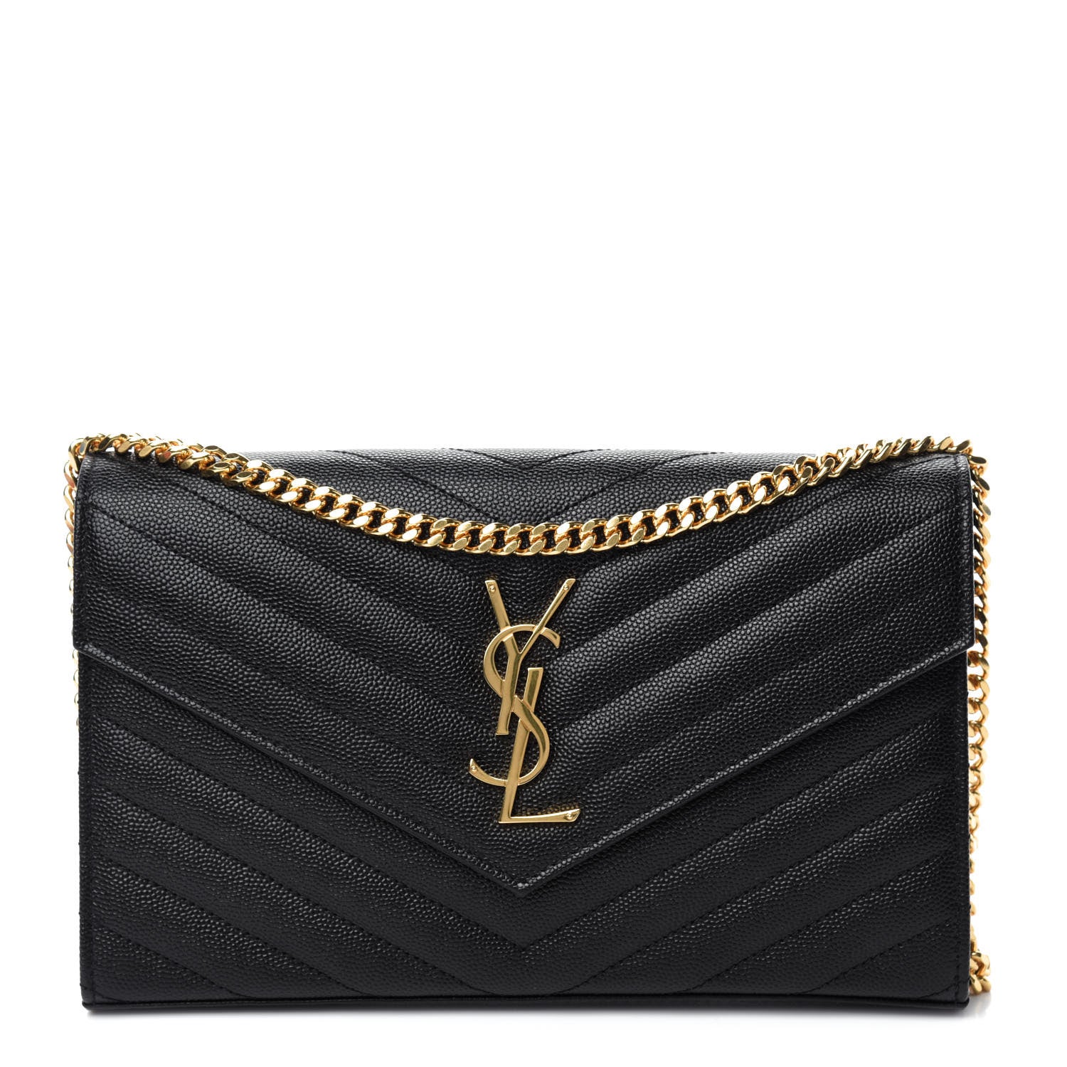Saint Laurent Grain De Poudre Matelasse Chevron Monogram Chain Wallet Black 1 of 11
