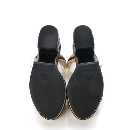 Chanel Lambskin Striped Wedge Sandals 35 Beige Black 5 of 21