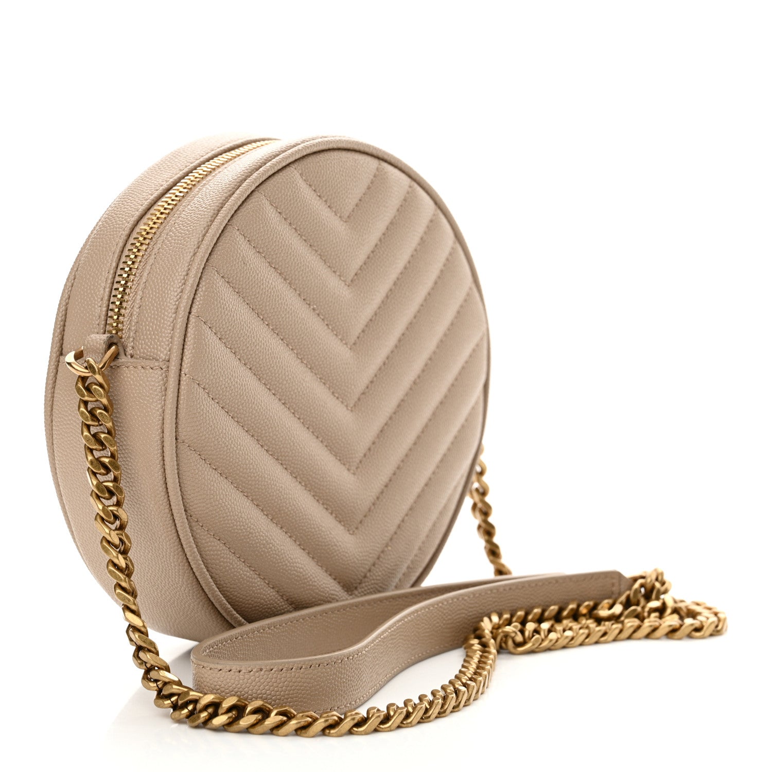 Saint Laurent Grain De Poudre Matelasse Chevron Quilted Round Vinyle Camera Bag Dark Beige 3 of 11