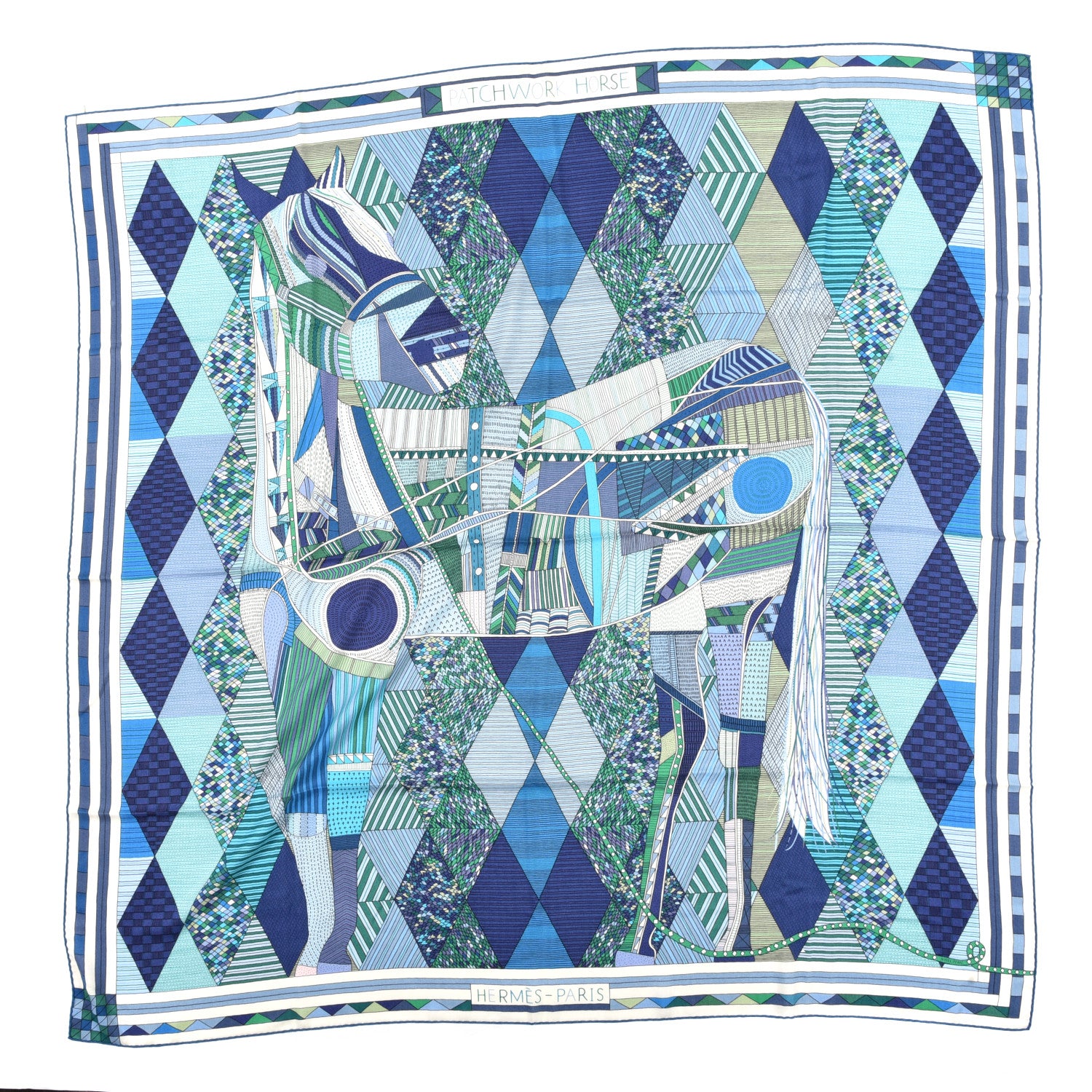 Hermes Cashmere Silk Patchwork Horse Shawl 140 Turquoise Vert Bleu 1 of 3
